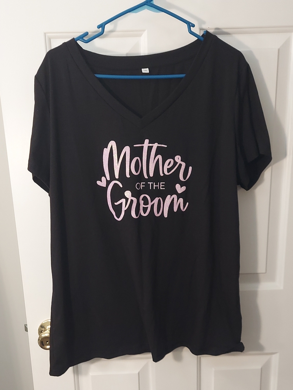 Mother of the Groom V-Neck Tee - Black with Pink Glitter Script